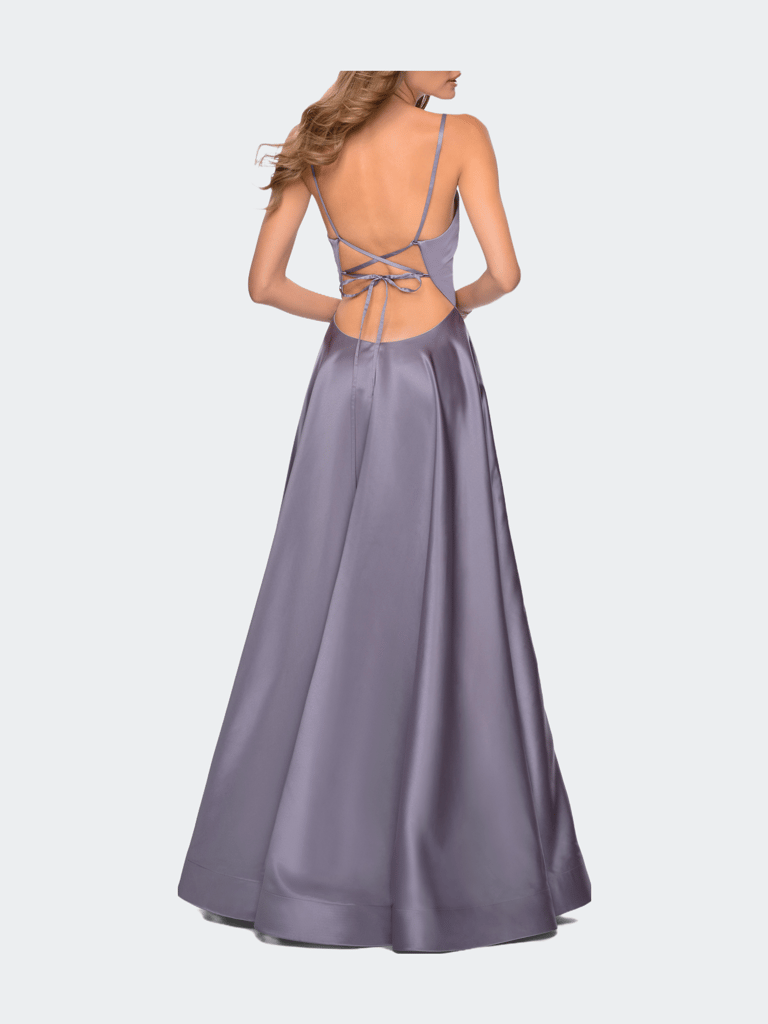 V-Neck Satin Prom Dress with Lace Up Back