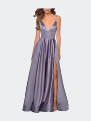 V-Neck Satin Prom Dress with Lace Up Back - Lavender/Gray