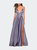 V-Neck Satin Prom Dress with Lace Up Back - Lavender/Gray