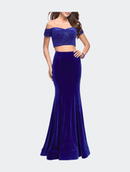 Velvet Two Piece Prom Dress with Beading - Royal Blue