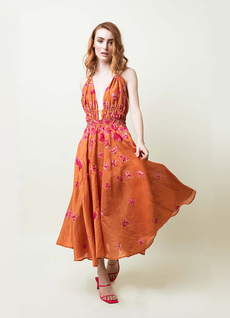 Dora Embroidered Sun Dress - Orange