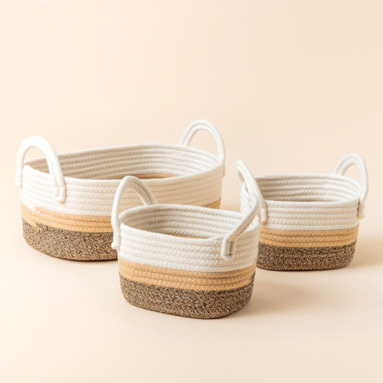 Montrésor Black Beige and White Cotton Rope Storage Baskets - White