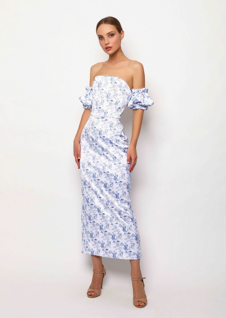 Hourglass Porcelain Dress - White/ Blue/ Print