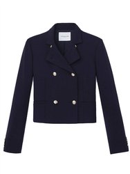 Double Face Wool Double Breasted Crop Blazer - Navy