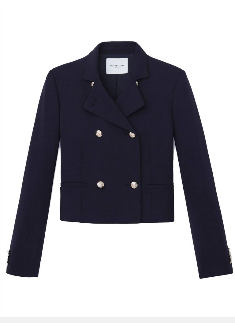Double Face Wool Double Breasted Crop Blazer - Navy