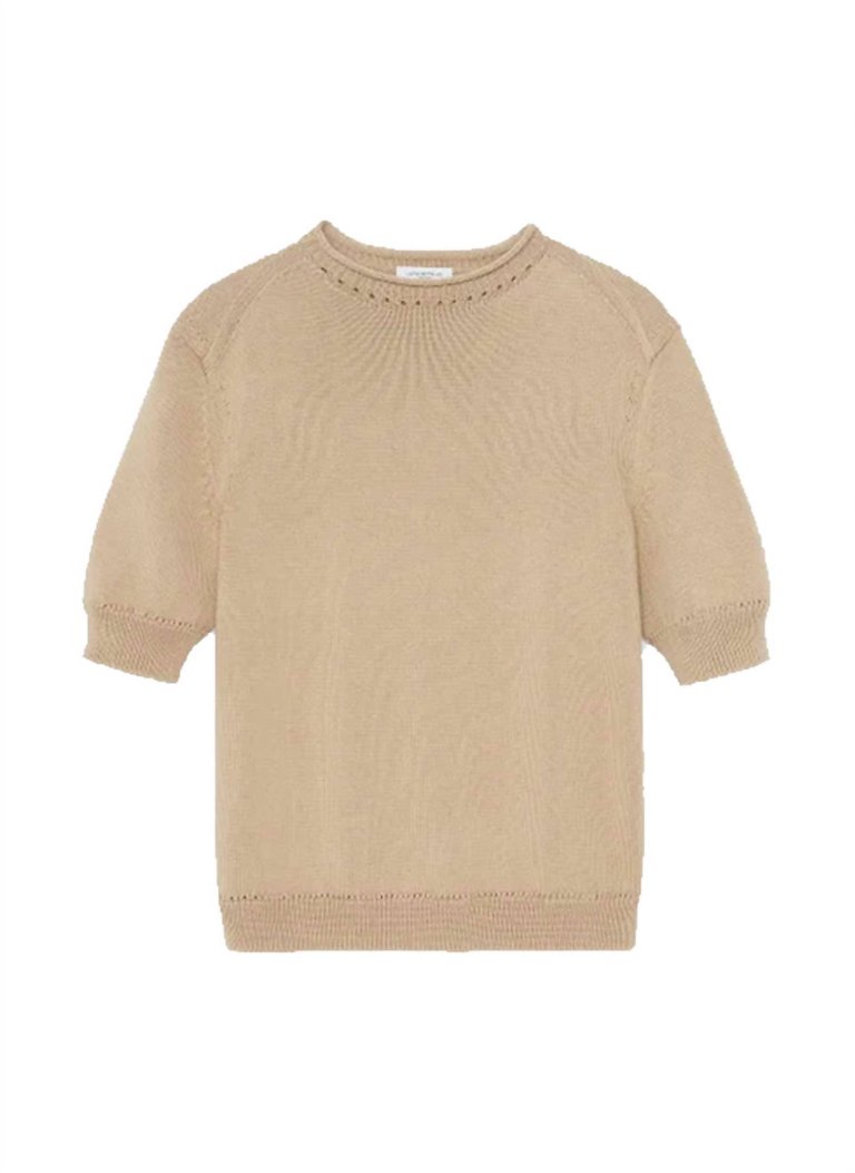 High Crew Neck Cotton Sweater In Beige - Beige