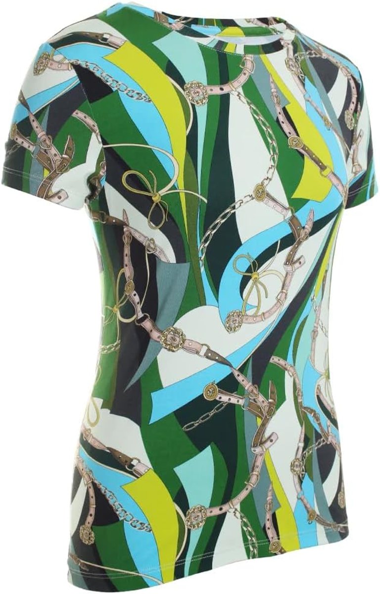 Ressi Short Sleeve Belt Crew Top, Small Sea Green Belt Swirl