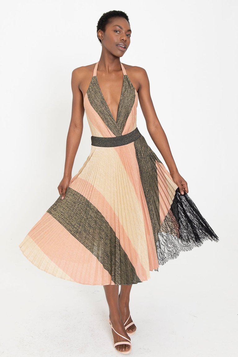 Izabella Striped Knit Pleated Skirt With Lace - Multi