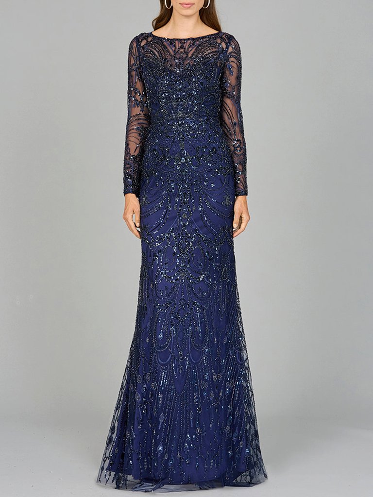 29050 - Long Sleeve Lace Gown - Navy