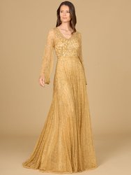 29115 - Beaded Long Dress With Flare Sleeves - Gold