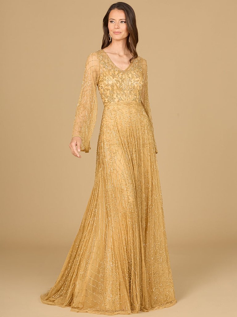 29115 - Beaded Long Dress With Flare Sleeves - Gold