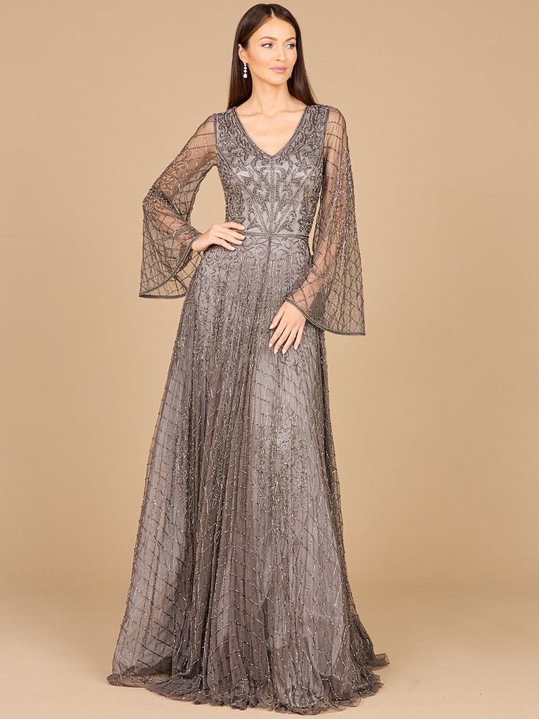 29115 - Beaded Long Dress With Flare Sleeves - Grey