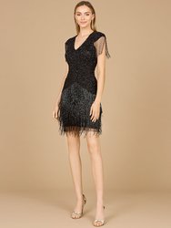 29123 - Beaded Fringe Short Dress With Cap Sleeves - Black