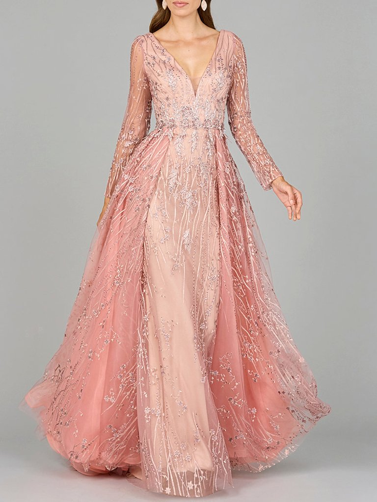 29139 - Elegant Overskirt Dress With Long Sleeves - Blush