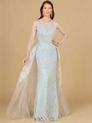 29146 - Long Sleeve Lace Gown With Tulle Overskirt - Frost