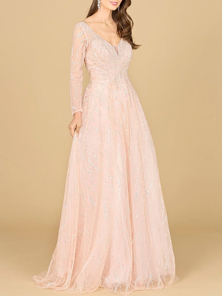 29157 - Long Sleeve Beaded Lace Gown