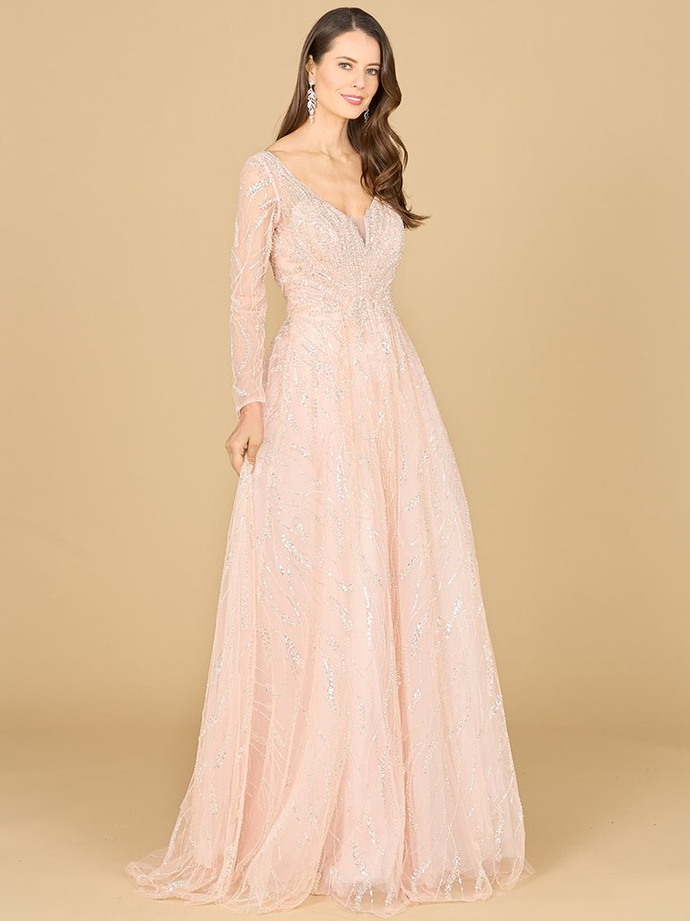 29157 - Long Sleeve Beaded Lace Gown - Powder Pink