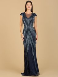 29167 - Beaded Fringe V-Neckline Dress with Cap Sleeves - Navy