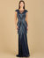 29167 - Beaded Fringe V-Neckline Dress with Cap Sleeves - Navy