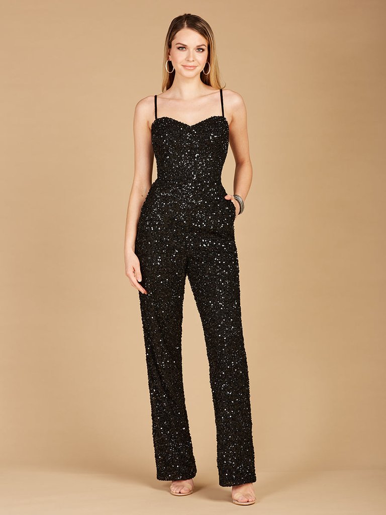 29204 - Beaded Spaghetti Strap Jumpsuit - Black