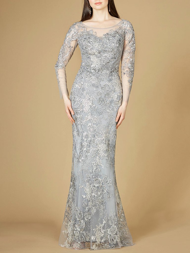 29232 - High Neck Long Sleeve Fitted Lace Gown