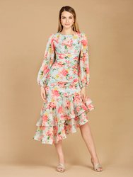 29244 - High Neck, Lace Up, Long Sleeve Printed Midi Dress - Mint