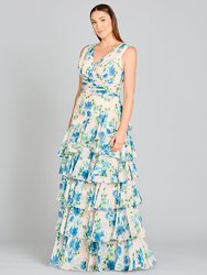 29249 - Ruffle Skirt Print Dress - Blue