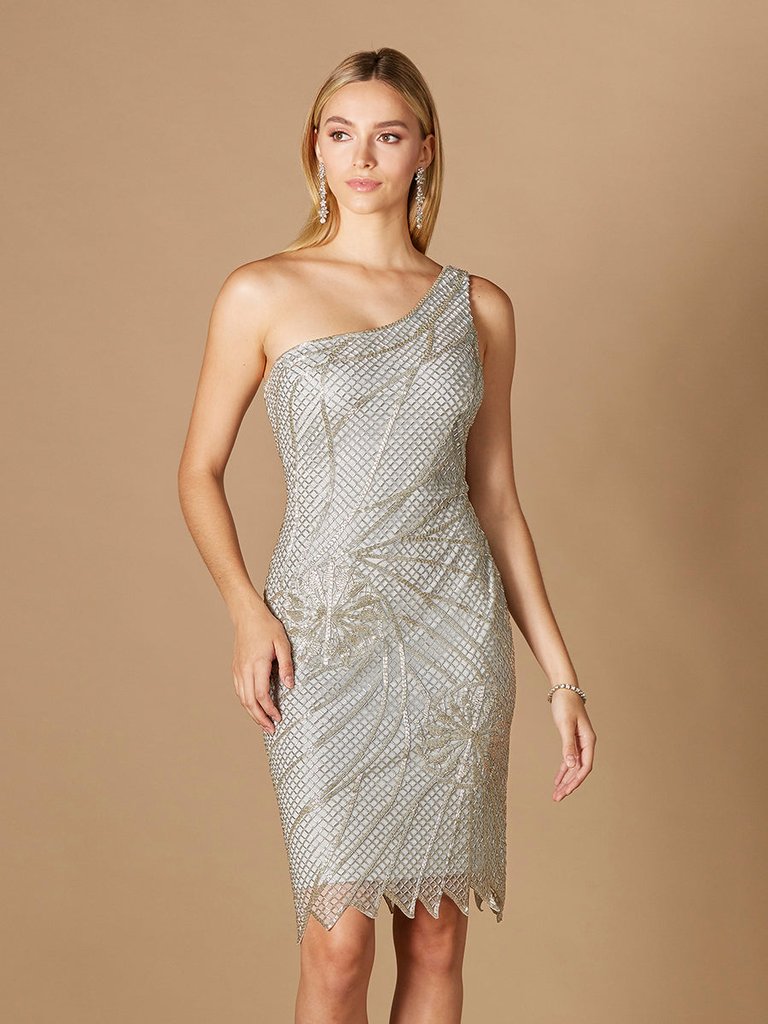 29293 - One Shoulder Cocktail Gown - Silver
