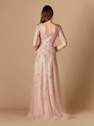 29326 - Long Sleeve V-Neck Lace Gown