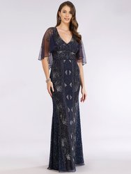 29393 - Cape Sleeve Beaded Gown - Navy