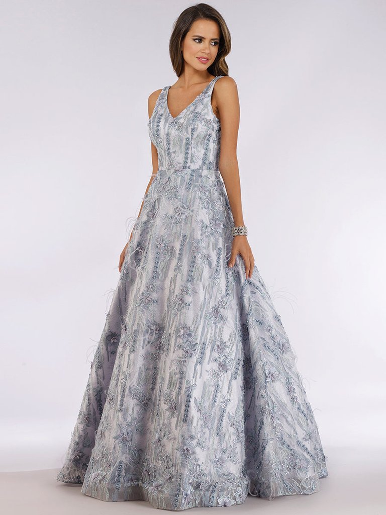 29630 - Stylish Ball Gown With Feathers - Dusty Blue