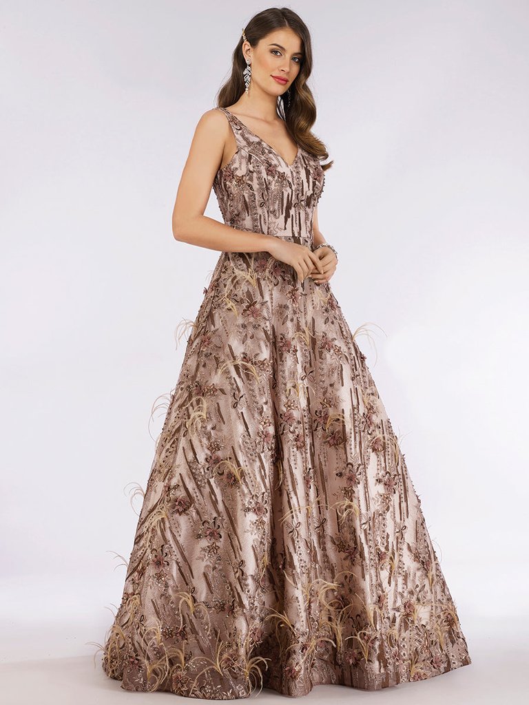 29630 - Stylish Ball Gown With Feathers - Coffee
