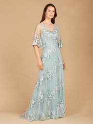 29772 - Cape Sleeves A-Line Lace Gown - Dusk