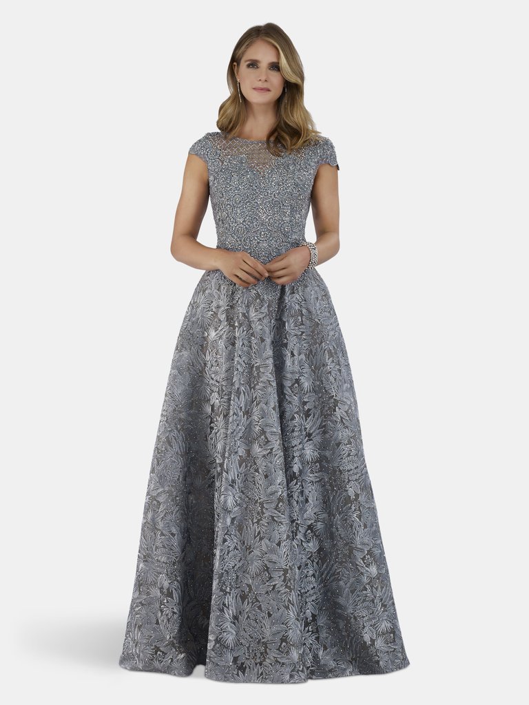 29772 - Cape Sleeves A-Line Lace Gown - Slate