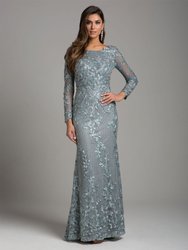 29924 - Long Sleeve Lace Dress With Lace Appliques - Silver Sage