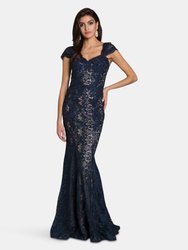 33491 - Fitted Lace Mermaid Gown - Navy