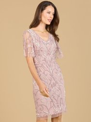 Beaded Short Dress With Cape Sleeves - Dusty Rose