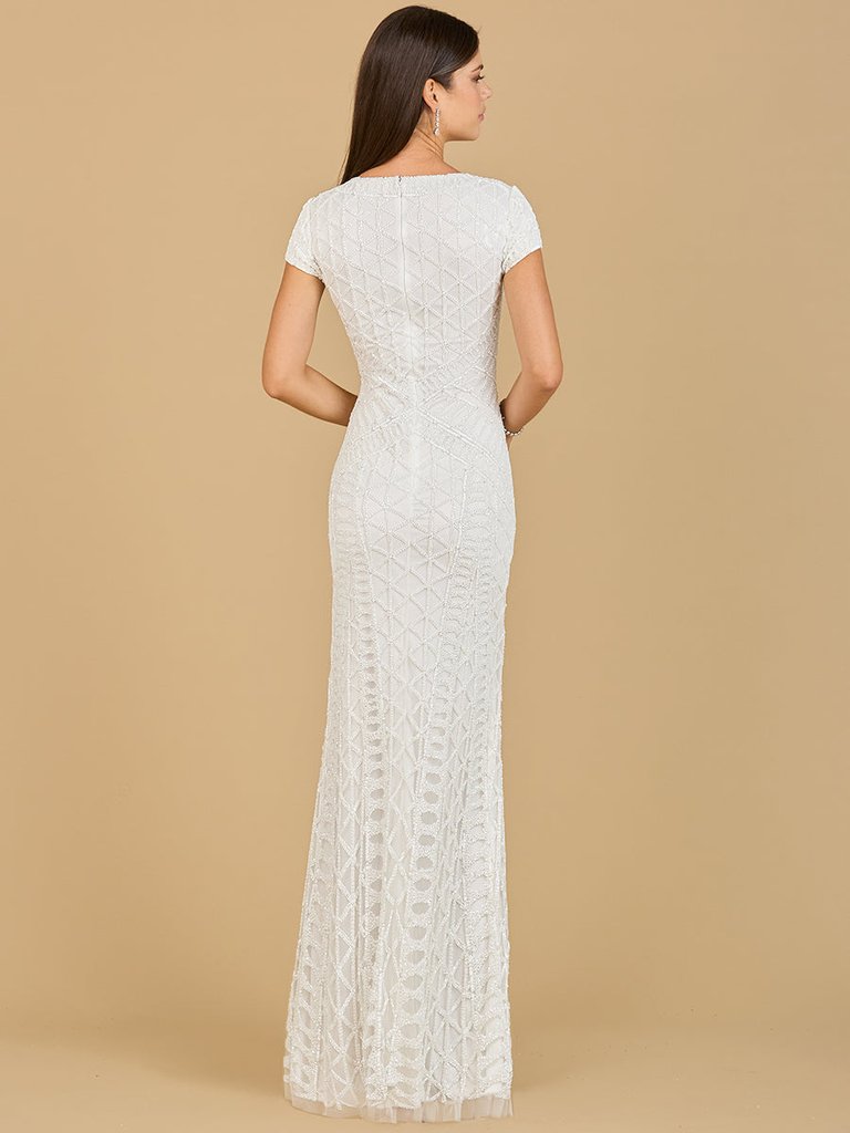 Beaded V-Neckline Dress With Cap Sleeves - Ivory