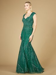 Cap Sleeve Mermaid Beaded Gown - Green