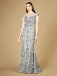 Cap Sleeve, Mermaid Lace Gown with High Neck - Grey
