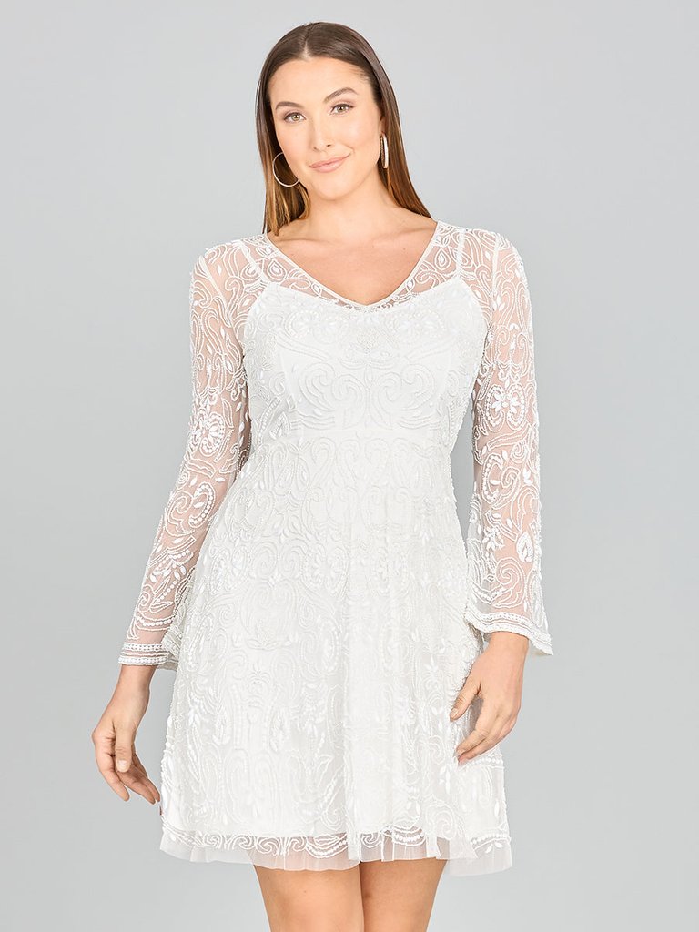 Eliza Beaded A-line Bell Sleeve Bridal Short Dress - Ivory