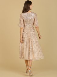 Flowing, Sequin Midi Dress with Short Sleeves
