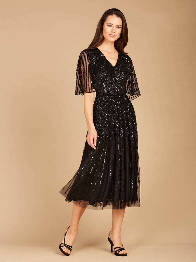 Flowing, Sequin Midi Dress with Short Sleeves - Black