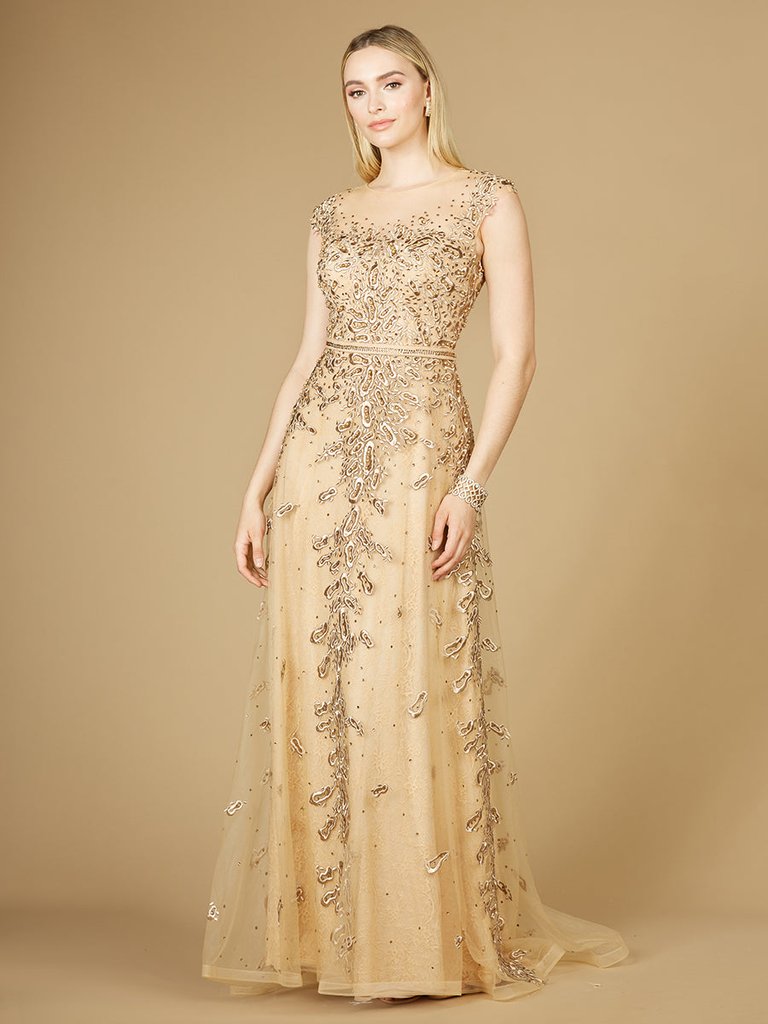 Inspired Lace Gown with Cap Sleeves - Gold