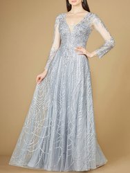 Lara 29206 - Long Sheer Sleeve V-Neckline Sheath Gown