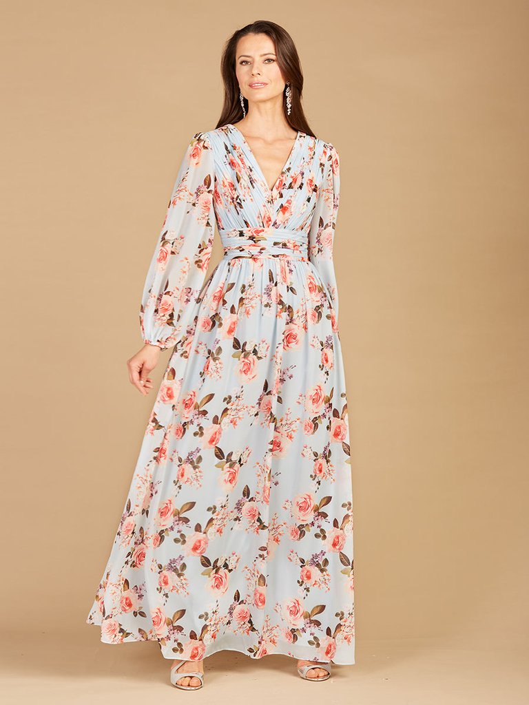 Lara 29248 - Long Sleeve Print Dress - Sky Blue