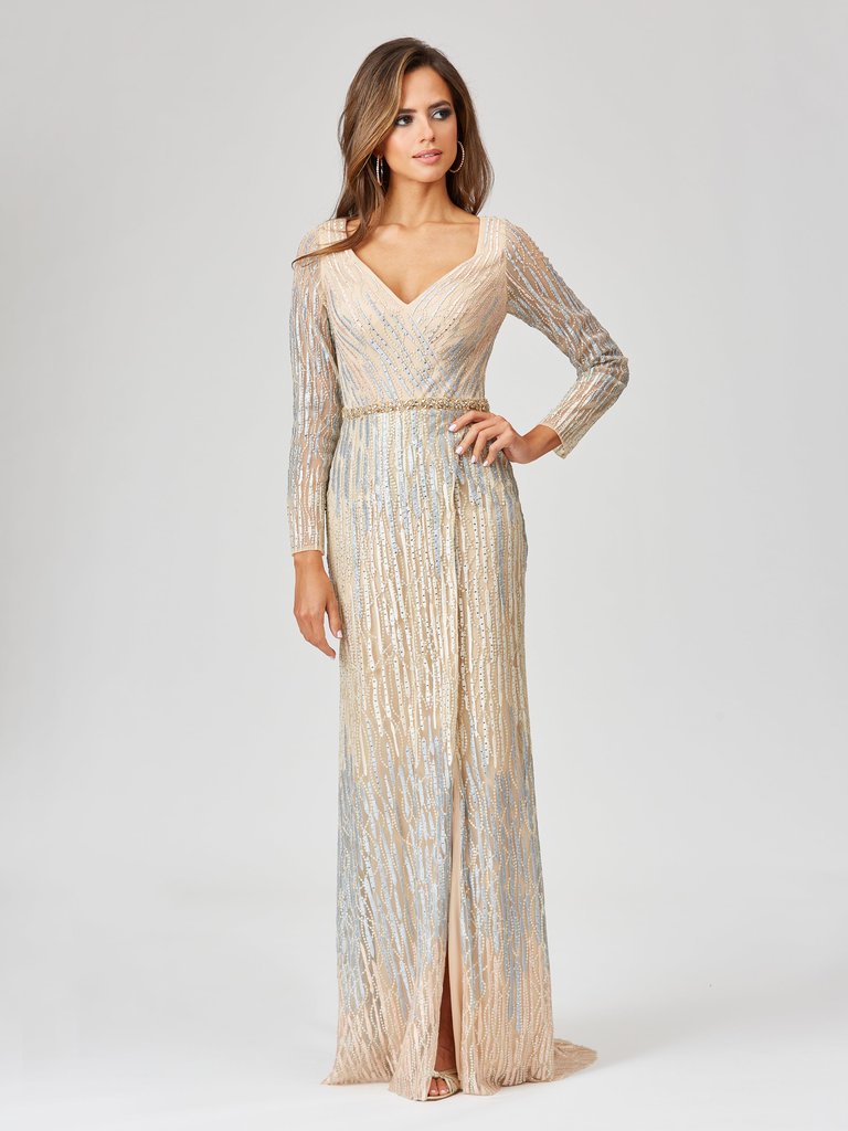 Lara 29467 - Long Sleeve Lace Gown with Wrap Skirt - Champagne/Multi