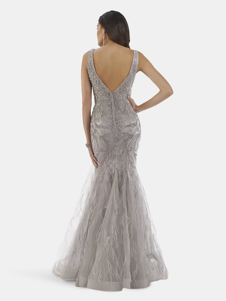 Lara 29775 - Feathers, Rhinestones Embellished Long Mermaid Gown