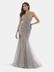 Lara 29775 - Feathers, Rhinestones Embellished Long Mermaid Gown - Silver