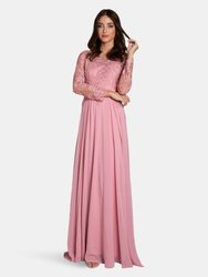 Lara 29920 - Full Sleeves Lace Appliques Flowing Gown - Blush